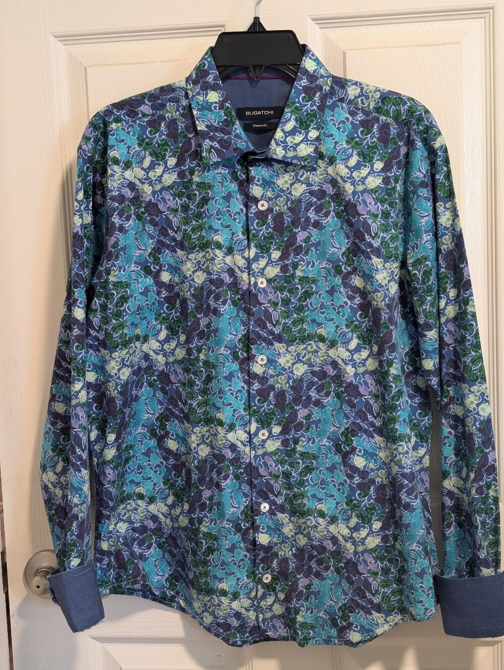 Bugatchi Multicolor Floral-Abstract Button-Up Shirt in Teal, Navy & Green